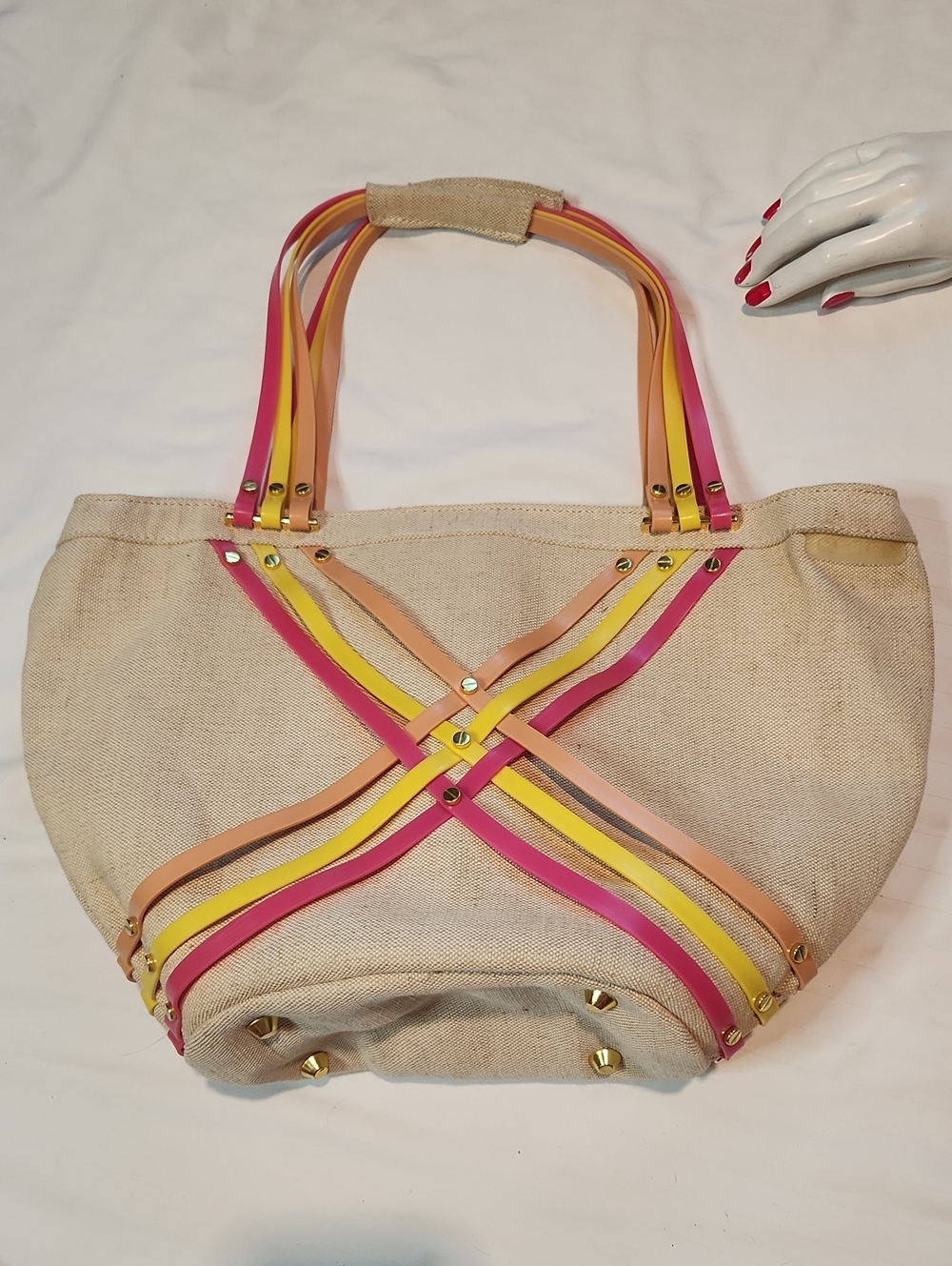 CROCS Neutral Canvas Tote with Pink, Yellow and Peach Straps